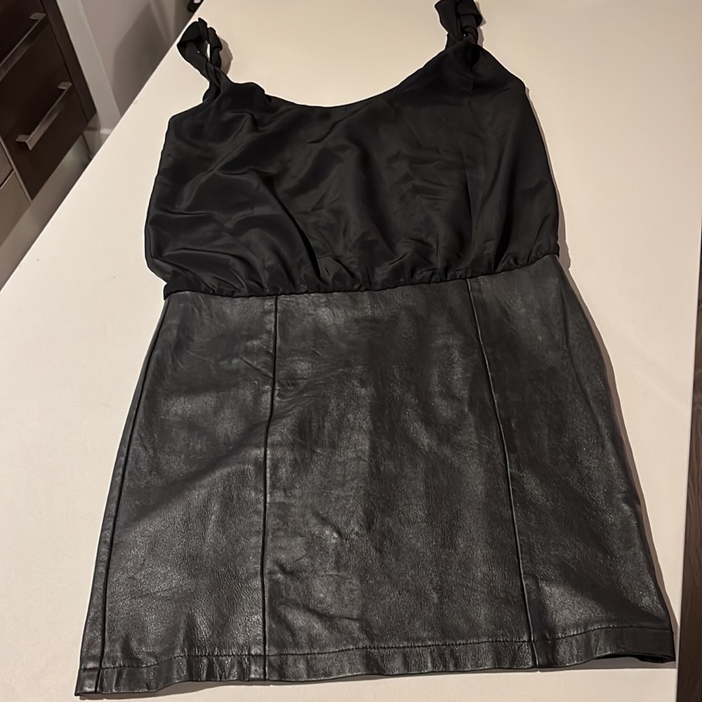 Faux leather and silk mini dress